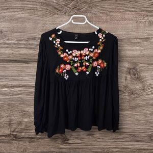 Emery Rose Black Embroidered 3/4 Sleeve Blouse Size 1X